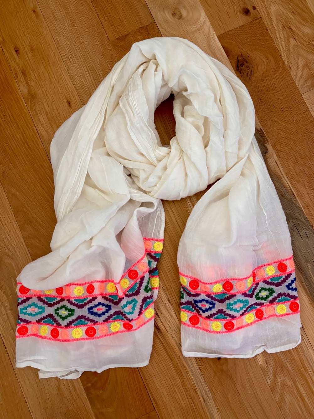 Anthropologie Scarf Wrap Cover Up Sarong White Embroidered Geometric Multicolor